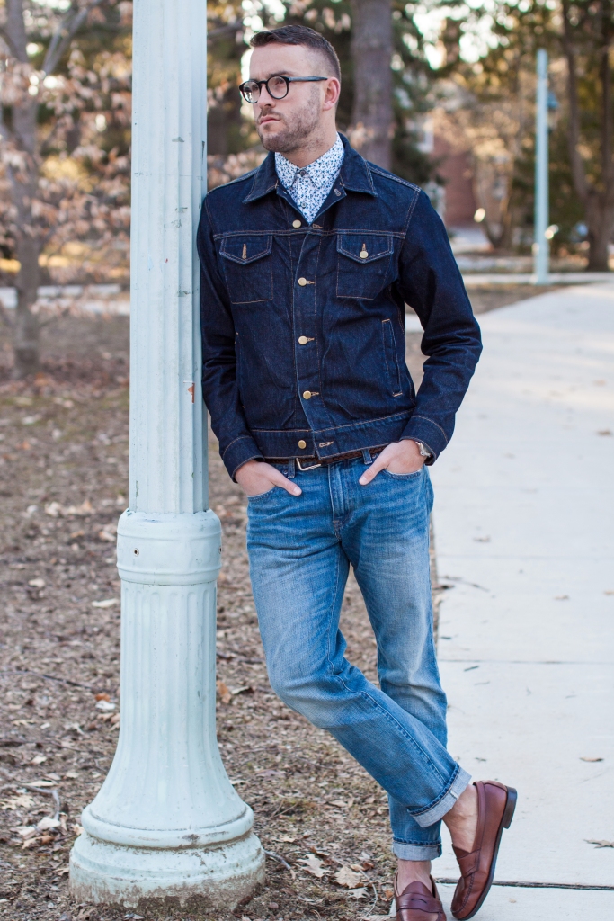 Another denim-on-denim shot. Mix up the casual nature of that jacket by pairing it with a printed shirt. 