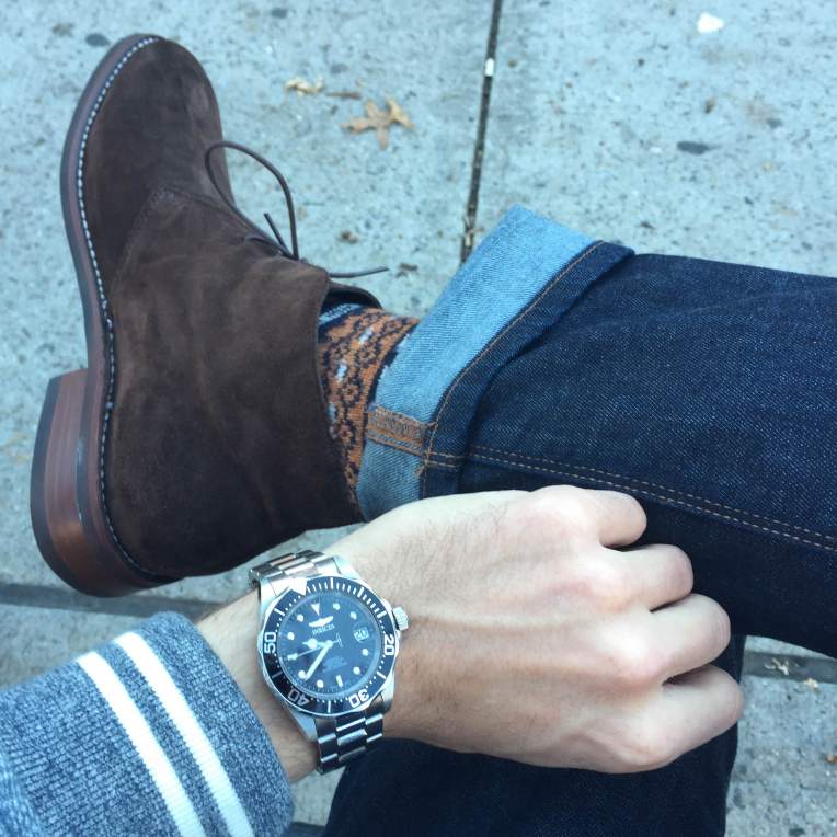 Refined chukka boots helped with high-low style throughout the trip. Chocolate Suede Scout Boots by Thursday Boots. Slim denim by Mott and Bow. Russel Baseball Jacket by Grayers. Fair Isle socks by American Trench. Stainless steel dive watch by Invicta.