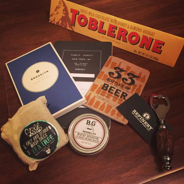 A look at some of the gifts Santa left for me. Brooklyn Field Guide by Wildsam. Beard Balm by Brooklyn Grooming. Beard & Face Brick by Clifford Originals. Notebook by Public Supply. Beer tasting book by 33 Books Co. Chocolate by (who else?) Toblerone.