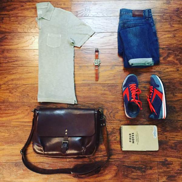 A comfortable, casual and crisp travel outfit. Polo by Life/After/Denim. Warren Denim by Mott & Bow. Chariot Runner Sneakers by Mott & Bow. Steno Book by Field Notes Brand. Waterbury Chrono by Timex x Red Wing Heritage. Slim Mailbag by Satchel & Page.