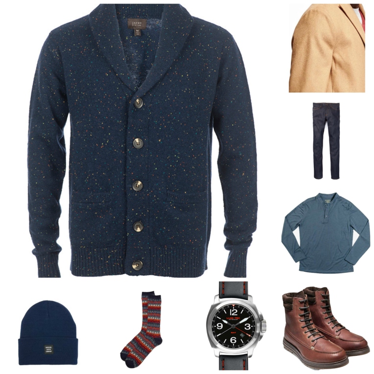 Layering up for snowy weather with a comfortable henley, a rugged cardigan and waterproof boots. 